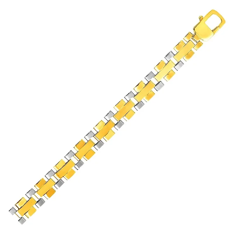 Mens Geometric Motif Link Bracelet in 14k Two Tone Gold