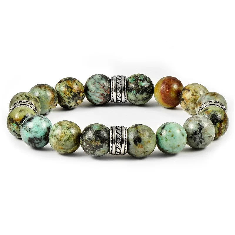 Men's Natural Stone Steel Accents Bead Stretch Bracelet (12mm)