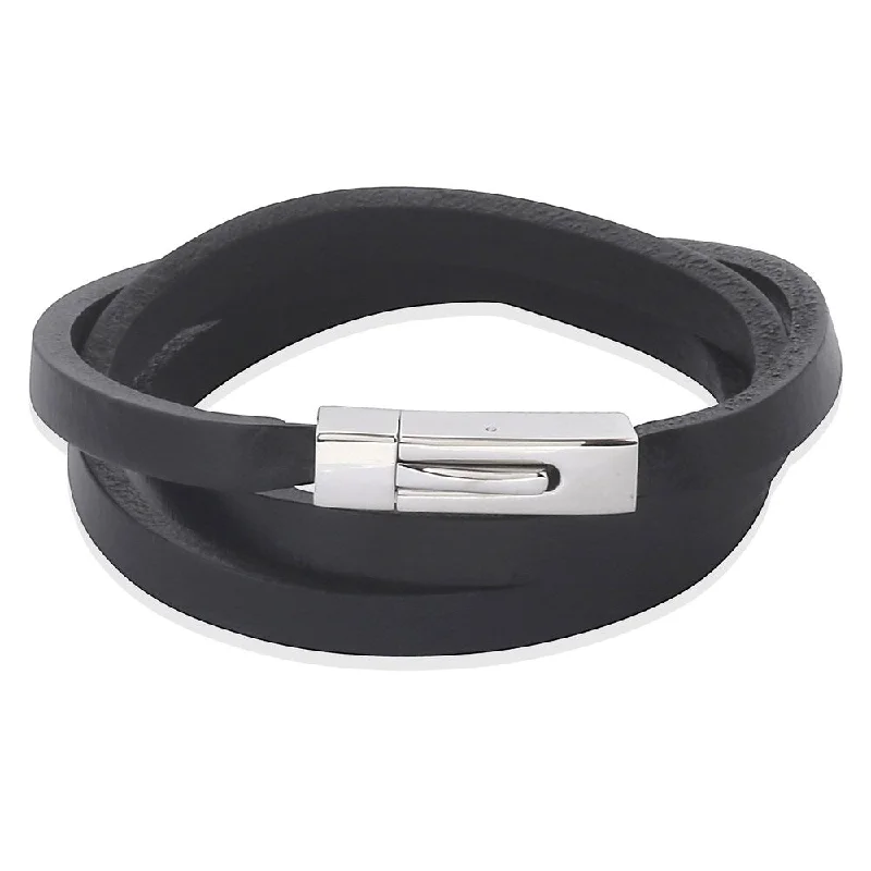 Men's Stainless Steel Black Leather Wrap Bracelet