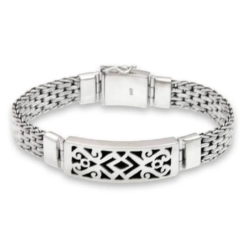 NOVICA Handmade Men's Balinese Warrior Fretwork Sterling Silver Plaque-style Bracelet (Indonesia)