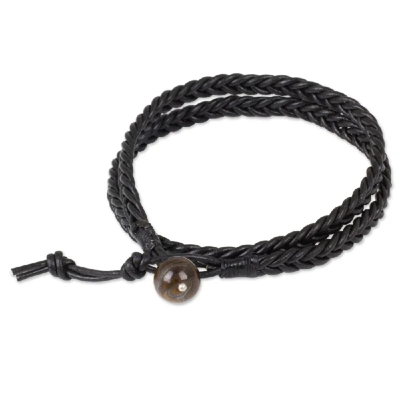 NOVICA handmade Men's Leather Double Ebony Tiger's Eye Bracelet (Thailand)