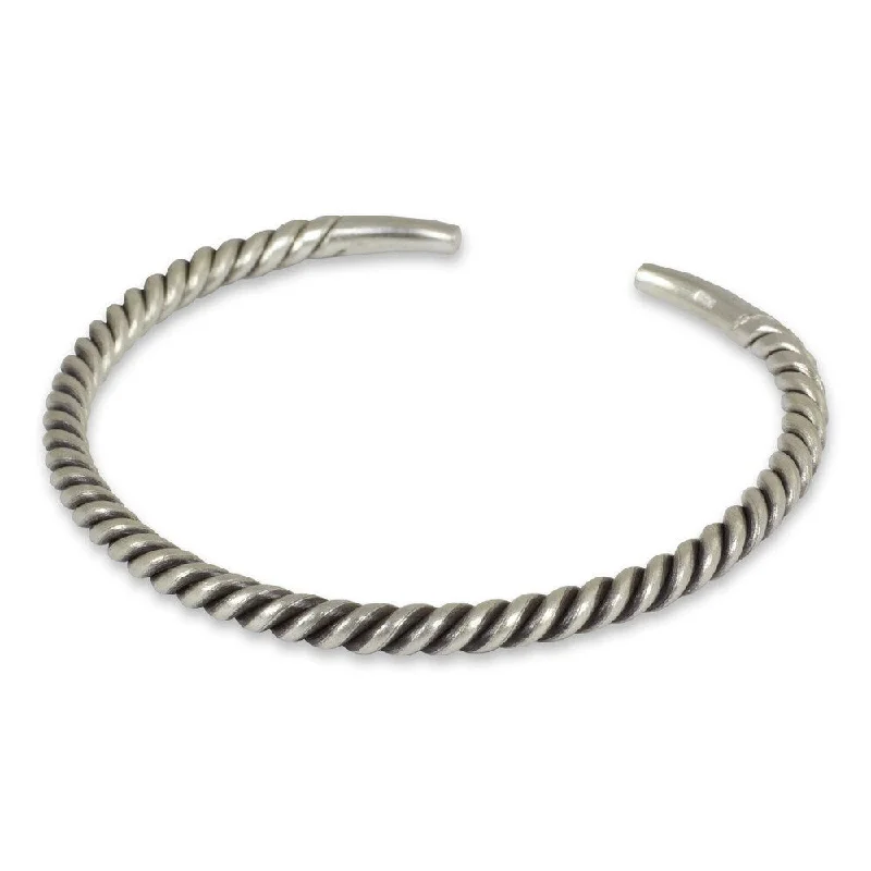 NOVICA Handmade Thai Swirl Tubular Stretched Coil of 925 Sterling Silver Mens Narrow Cuff Bracelet (Thailand)