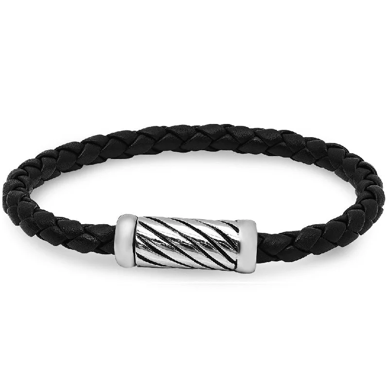 Oxford Ivy Braided Black Leather Bracelet with Magnetic Stainless Steel Clasp ( 8 1/2 inches)