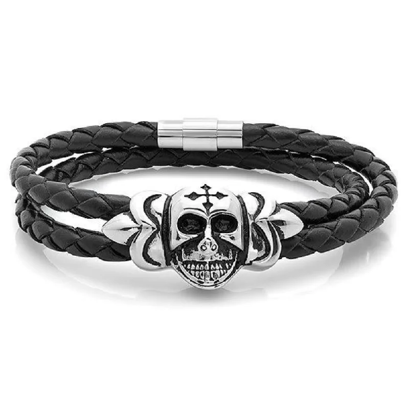 Oxford Ivy Braided Black Leather Wrap Around Steel Skull with Cross Bracelet