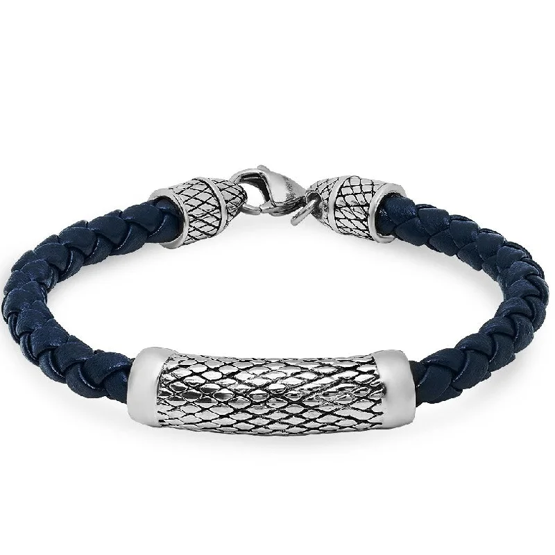 Oxford Ivy Braided Navy Blue Leather Bracelet with Lobster Claw Clasp ( 8 3/4 inches)