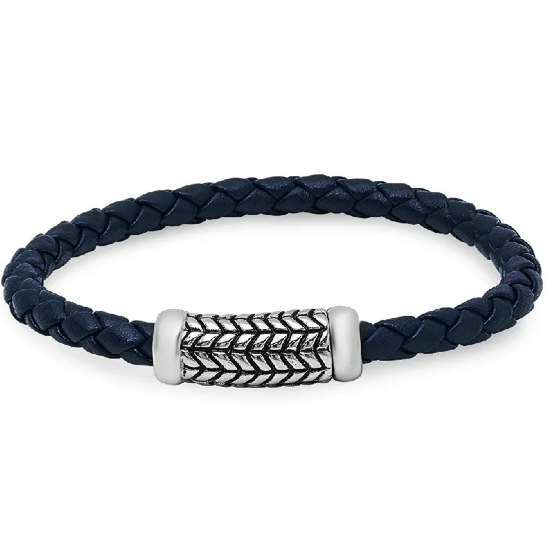 Oxford Ivy Braided Navy Blue Leather Bracelet with Magnetic Stainless Steel Clasp ( 8 3/4 inches)