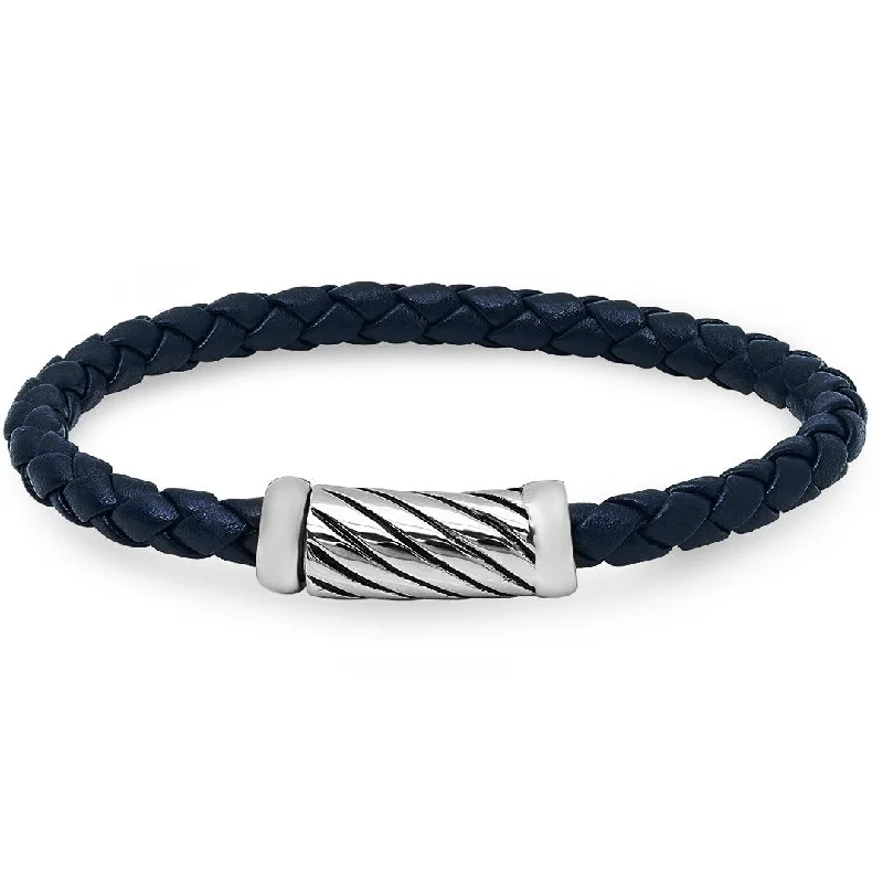 Oxford Ivy Braided Navy Leather Bracelet with Magnetic Stainless Steel Clasp ( 8 1/2 inches)