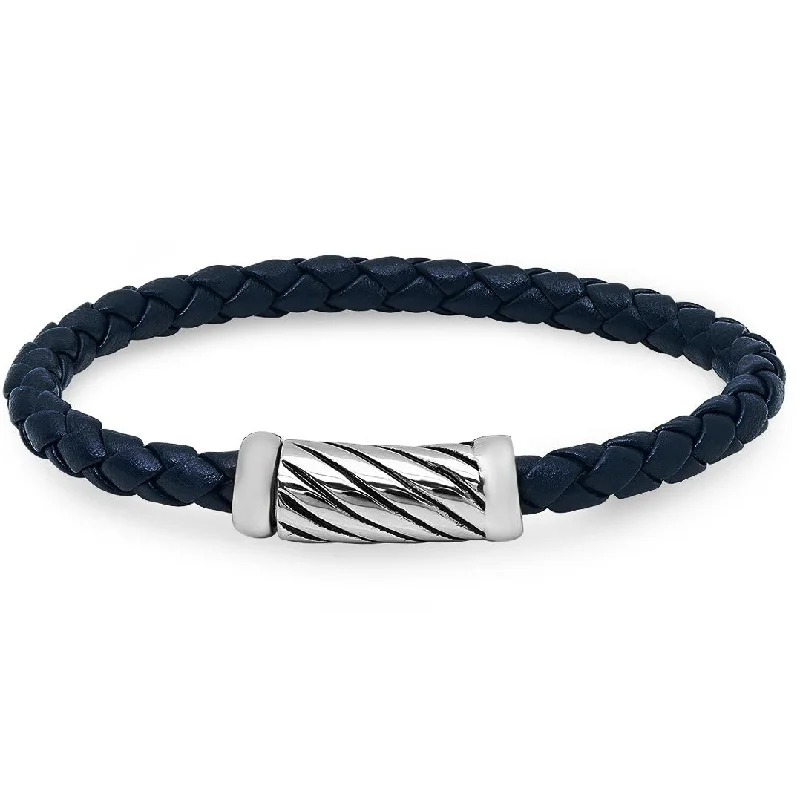 Oxford Ivy Braided Navy Leather Bracelet with Magnetic Stainless Steel Clasp ( 8 3/4 inches)