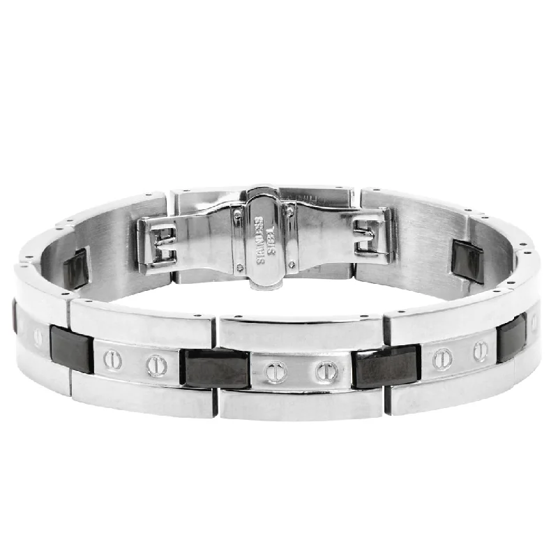 Oxford Ivy Men's Stainless Steel and Ceramic Accent Link Bracelet