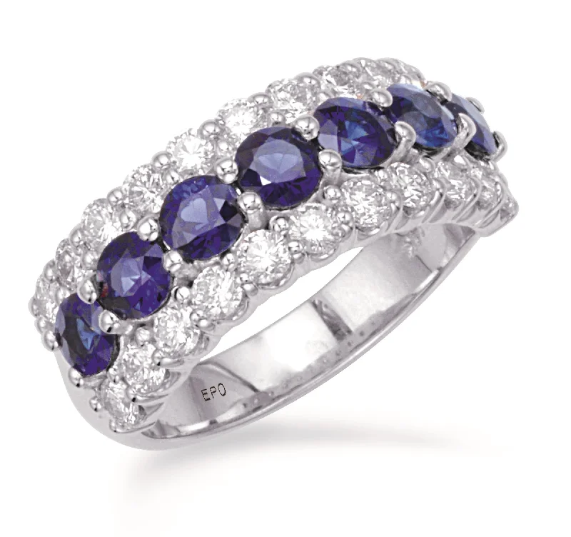 14K White Gold Sapphire and Diamond Triple Row Band