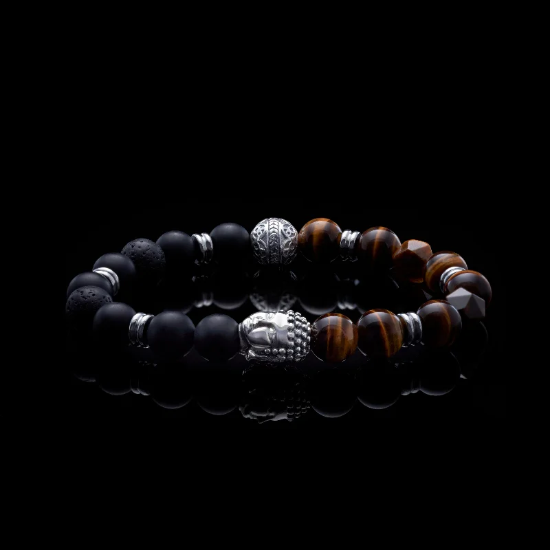 Silver Buddha Bracelet with Obsidian, Tiger Eye, and Lava Stone