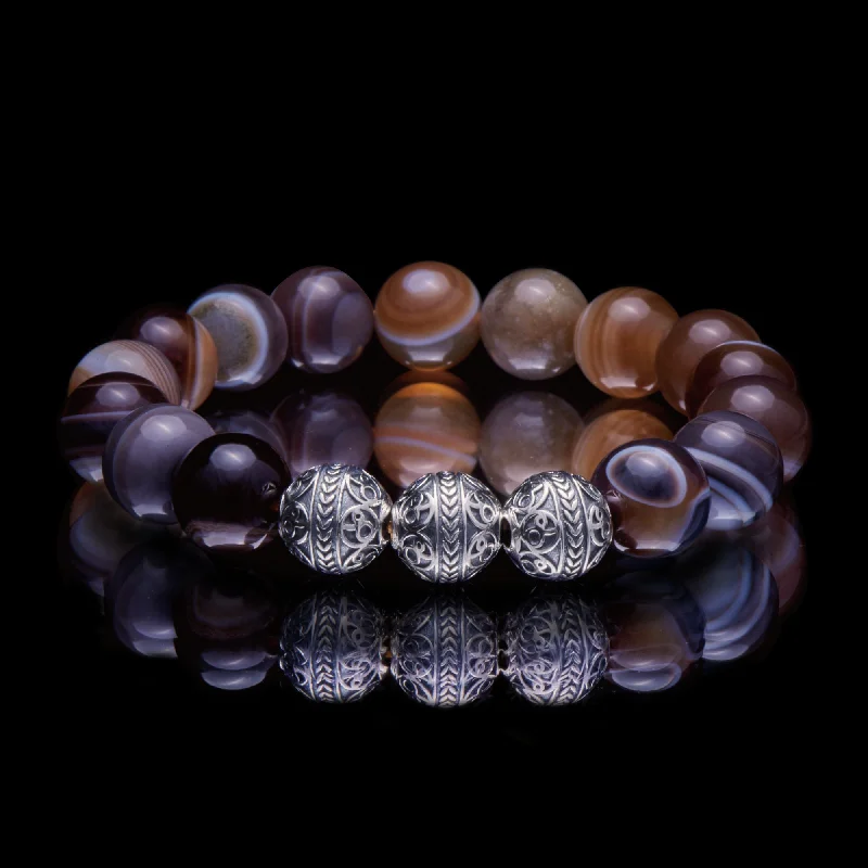 Silver Classic Brown Agate Beaded Bracelet