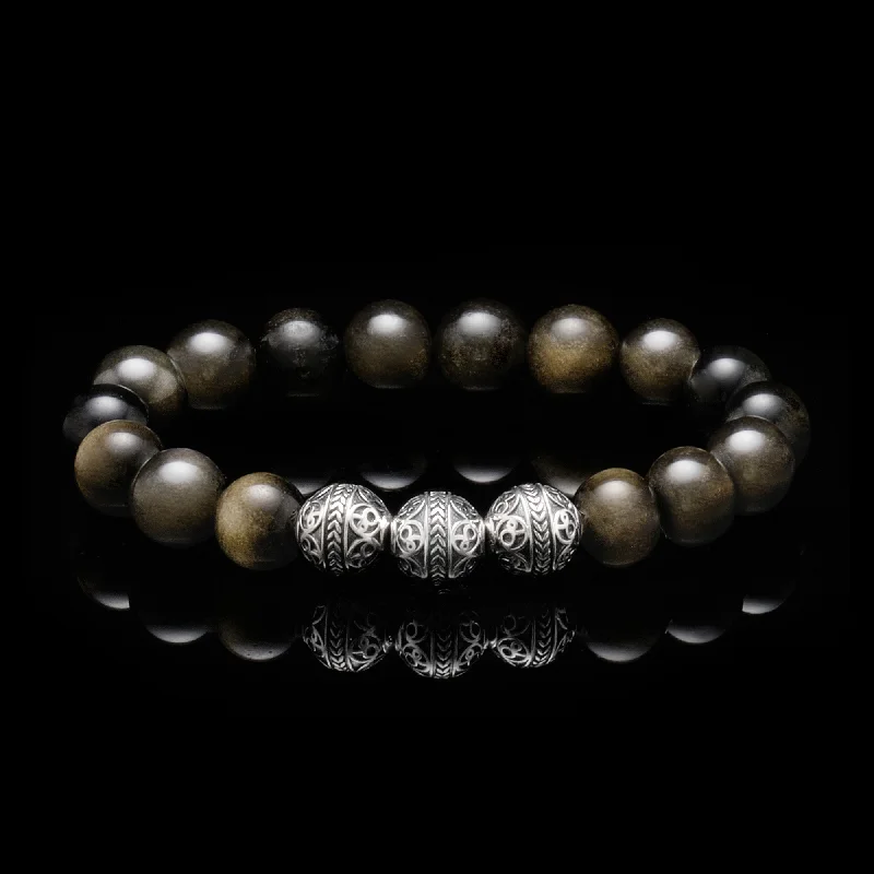 Classic Silver, Gold Obsidian Beaded Bracelet