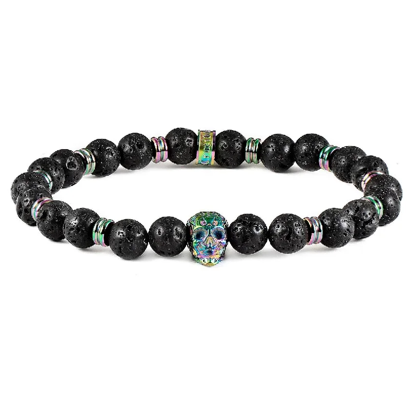 Stainless Steel Skull and Lava Stone Beaded Stretch Bracelet (8mm)