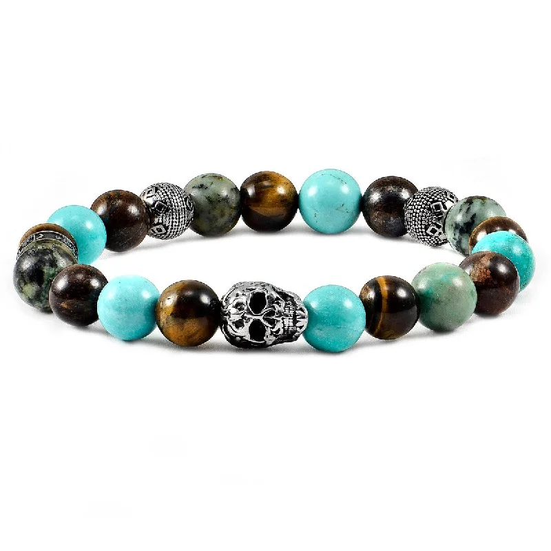 Stainless Steel Skull Natural Stone Beaded Stretch Bracelet (10mm)