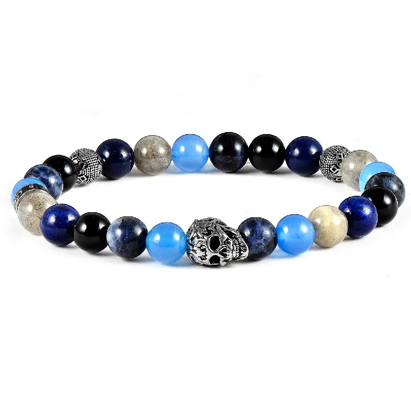 Stainless Steel Skull Natural Stone Beaded Stretch Bracelet (8mm)