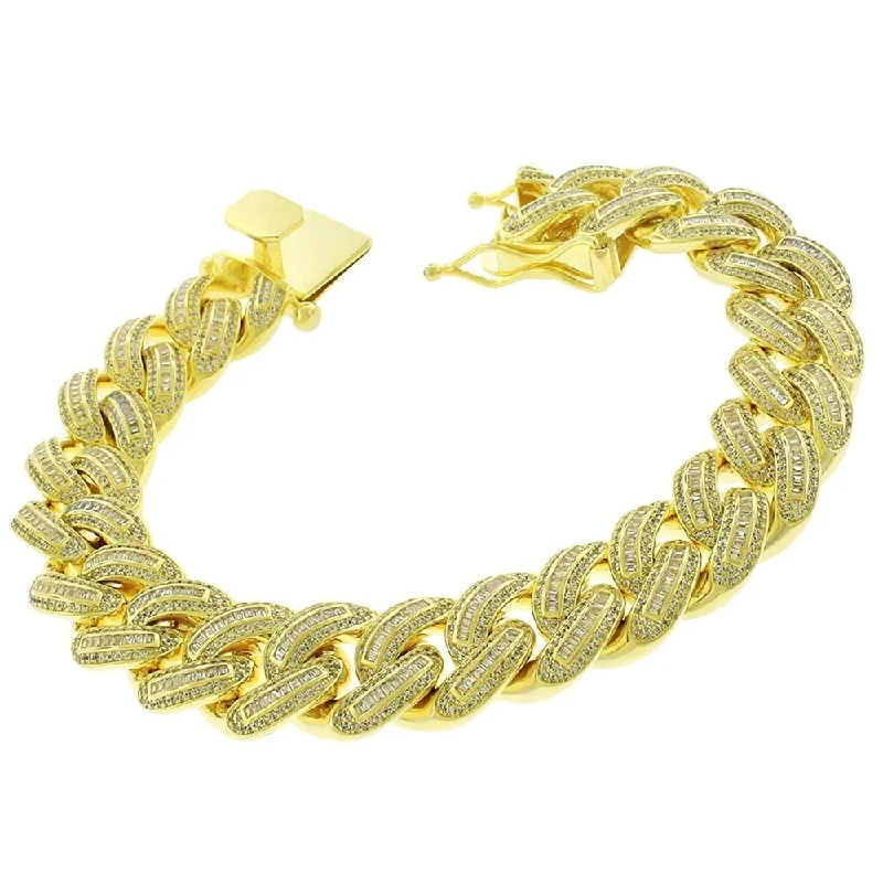 Sterling Silver 16mm Iced Out CZ Baguette Miami Cuban Solid 925 Yellow Gold Bling Bracelet Chain 8.75"