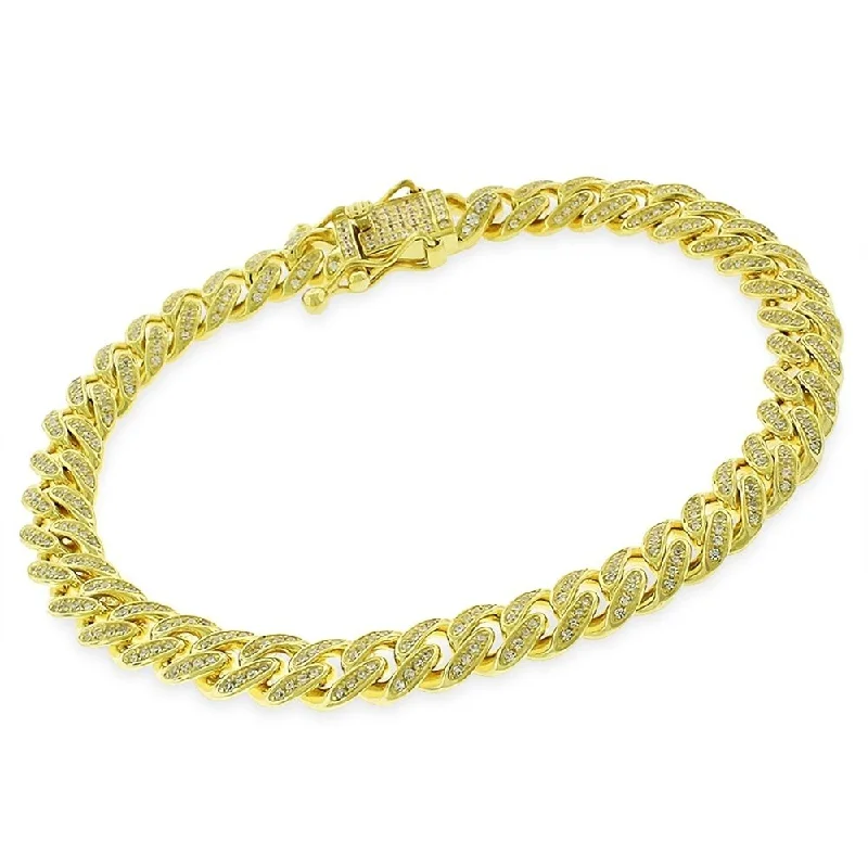 Sterling Silver 8.5mm Iced Out CZ Miami Cuban Solid 925 Yellow Gold Bling Bracelet Chain 8.75"