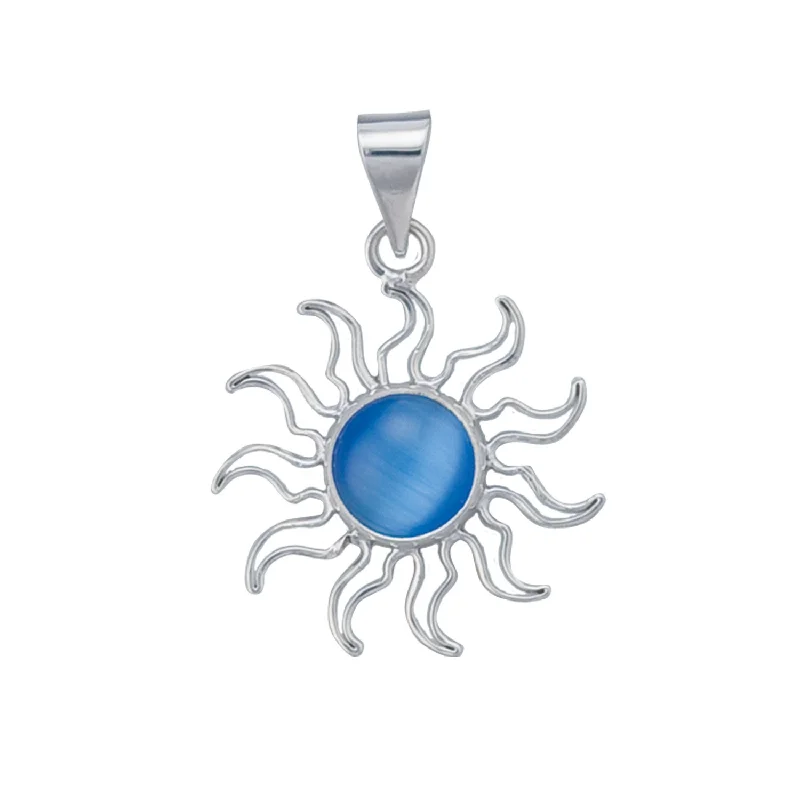 Sterling Silver Blue Fiber Optic Sun Pendant