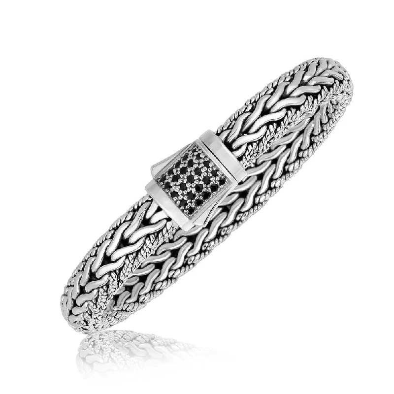 Sterling Silver Braided Black Sapphire Adorned Men's Bracelet