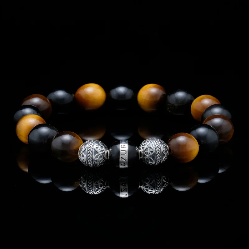 The Crouching Tiger | Silver Enamel Black Obsidian Tiger Eye Beaded Bracelet