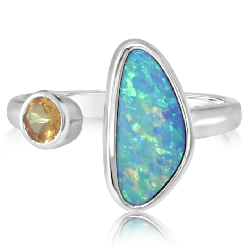 14K White Gold Australian Opal Doublet/Mandarin Garnet Ring