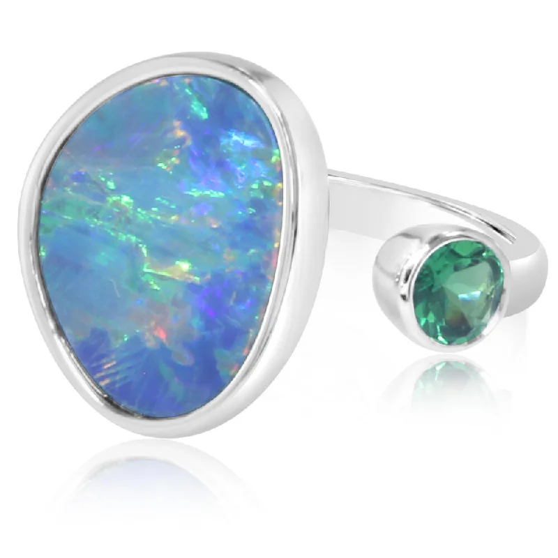 14K White Gold Australian Opal Doublet/Tsavorite Ring