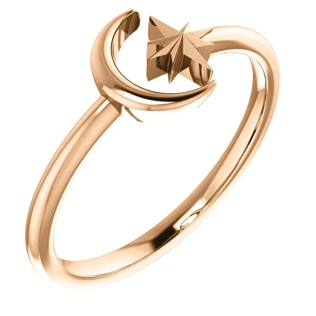 14KT Gold Crescent Moon & Star Space Ring