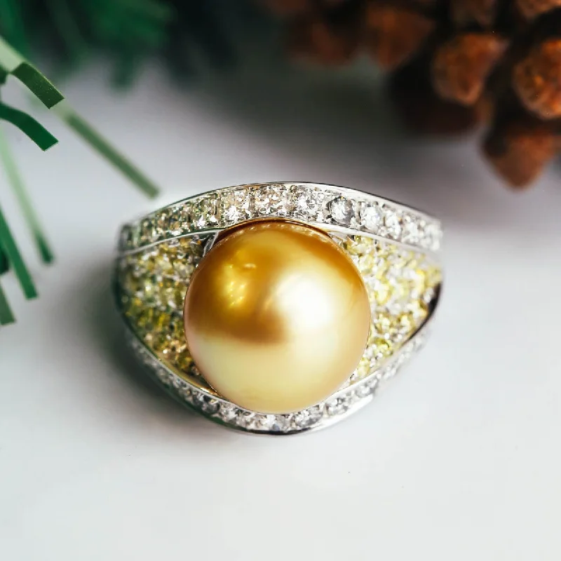 Golden Pearl Ring with Diamond Accents