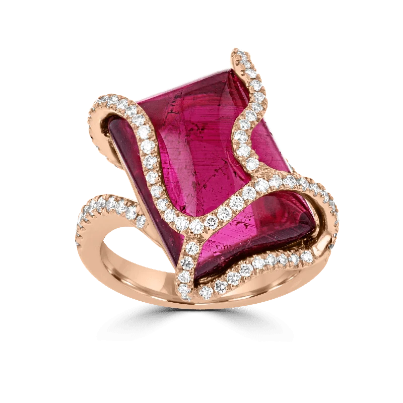 18KT Rose Gold 11.89 CT Rubellite & .65 CTW Diamond Freeform Ring