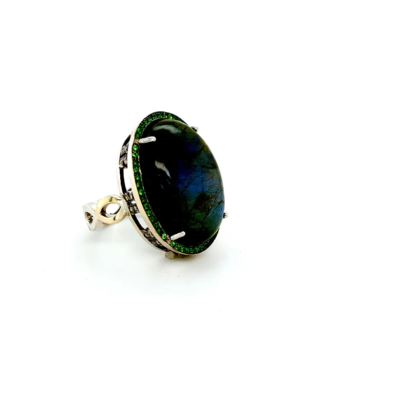 18kt White Gold Blue Kyanite + Green Tsavorite Cocktail Ring