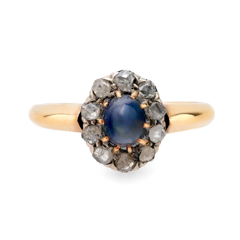 Antique French cabochon sapphire diamond 18k yellow gold silver cluster ring