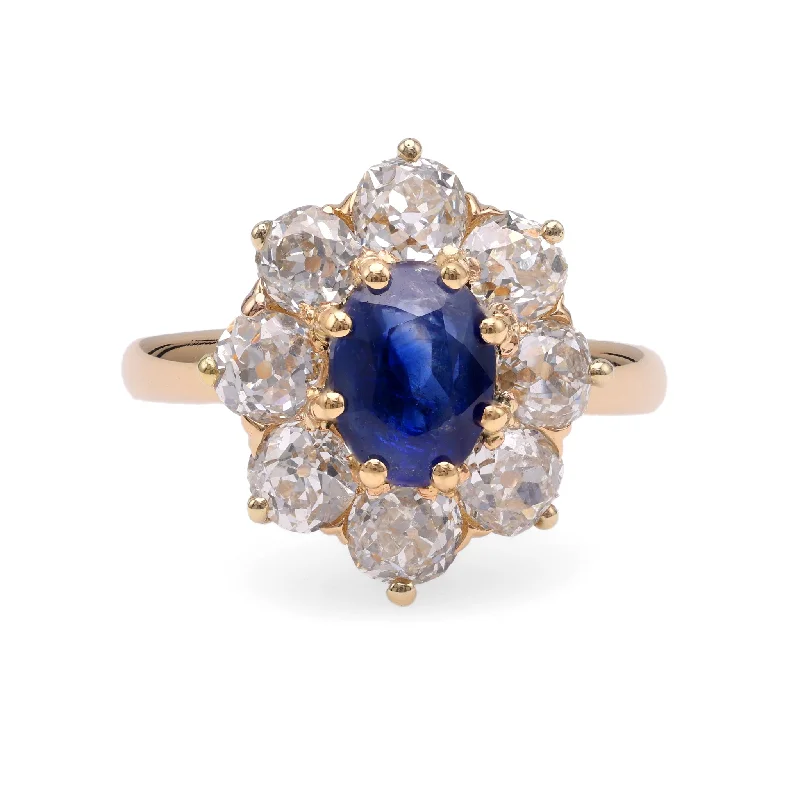 Edwardian GIA 1.41 Carats Kashmir No Heat Sapphire Diamond 18k Gold Cluster Ring