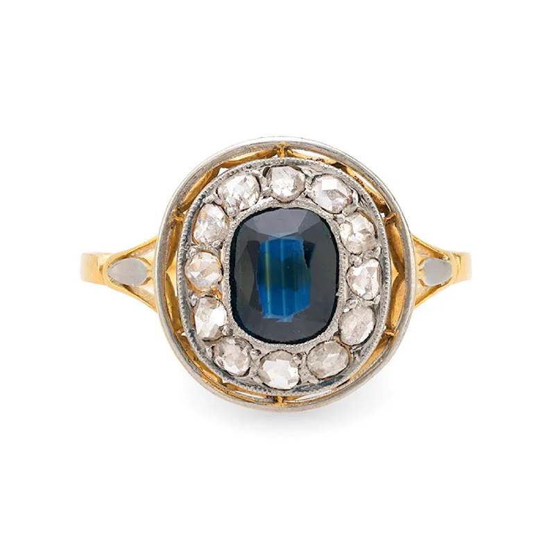 Edwardian sapphire diamond 18k yellow gold cluster ring