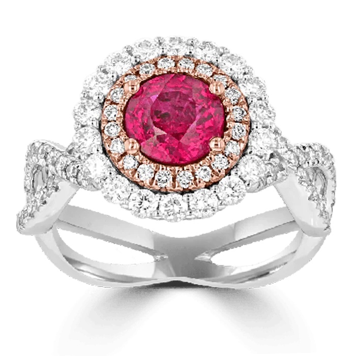 JULEVE 18KT 1.25 CT RUBY & 0.91 CTW DIAMOND DOUBLE HALO RING