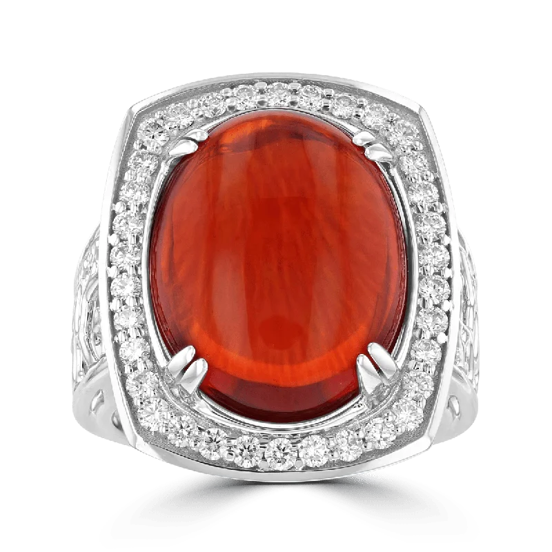 JULEVE 18KT 11.71 CT FIRE OPAL & 0.58 CTW DIAMOND HALO RING