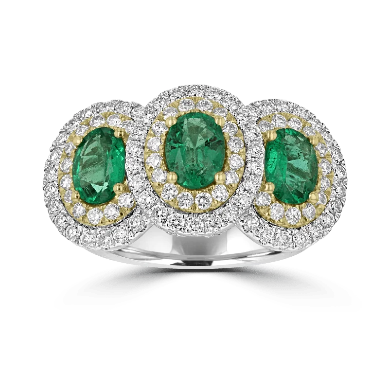 JULEVE 18KT 2.11 CTW EMERALD AND 2.04 CTW DIAMOND 3 STONE HALO RING