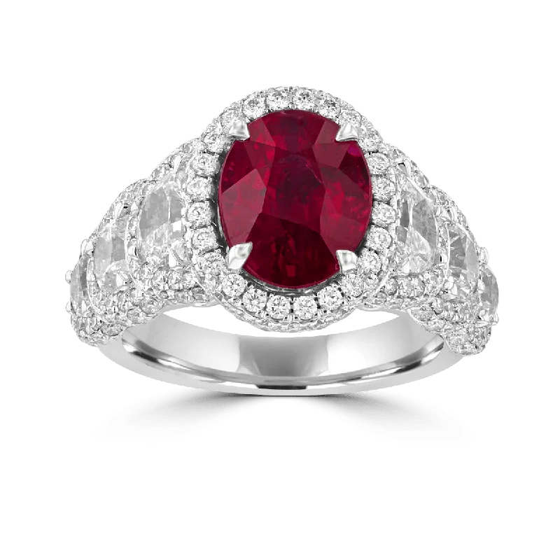 JULEVE 18KT 4.04 NO HEAT RUBY & 4.34 CTW DIAMOND HALO RING