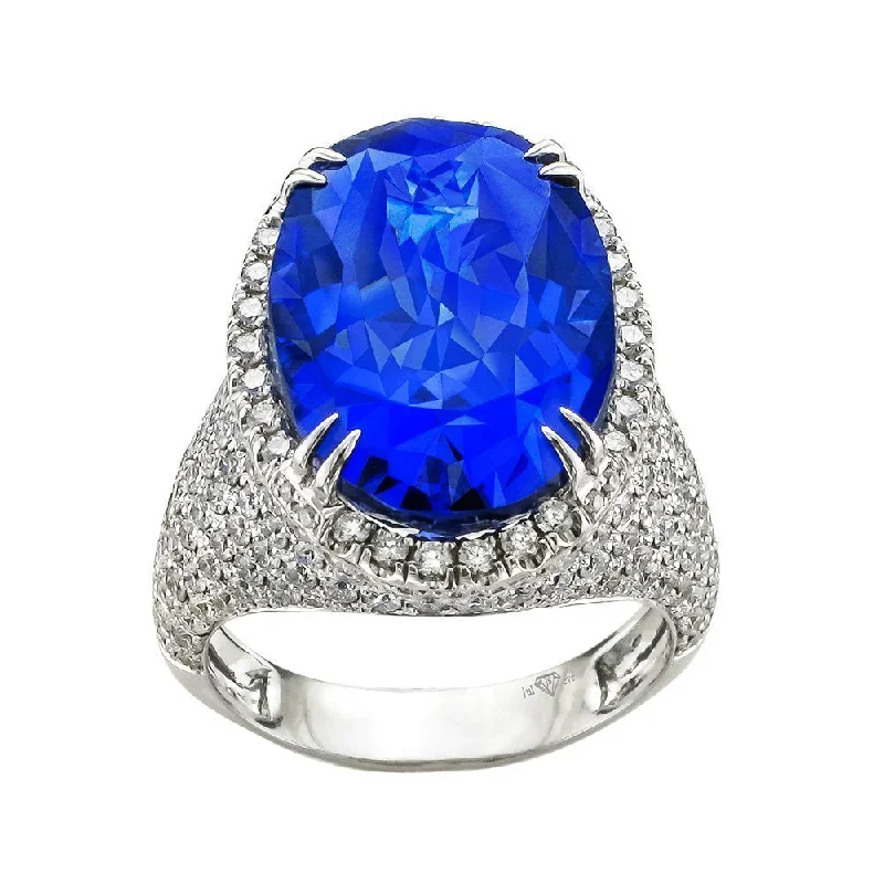 JULEVE 18KT GOLD 16.44 CT TANZANITE & 2.27 CTW DIAMOND HALO RING