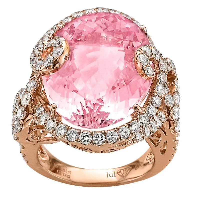 JULEVE 18KT GOLD 18.63 CT OVAL MORGANITE & 2.34 CTW DIAMOND RING