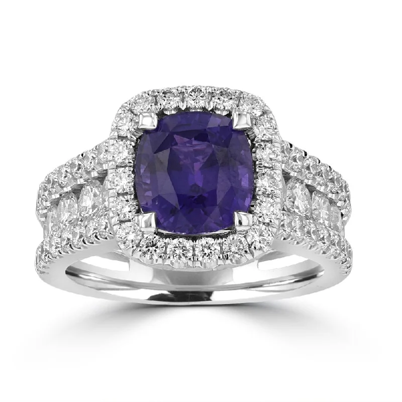 JULEVE 18KT GOLD 2.97 CT SAPPHIRE AND 1.61 CTW DIAMOND HALO RING