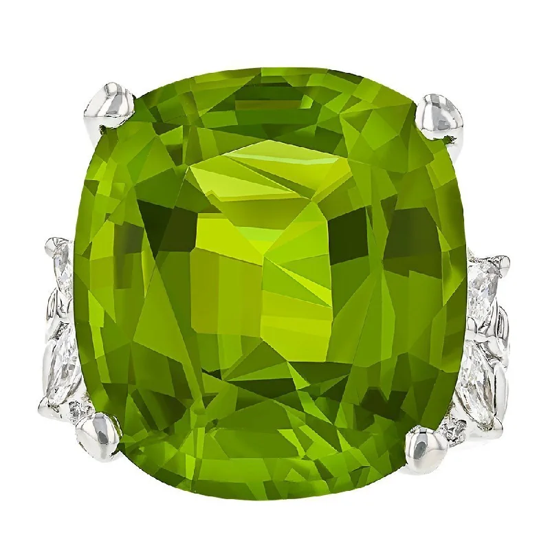 JULEVE 18KT GOLD 28.26 CT CUSHION PERIDOT AND 1.76 CTW DIAMOND RING