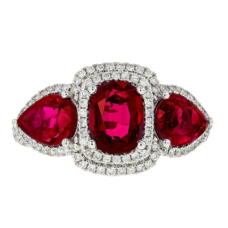 JULEVE 18KT GOLD 3.80 CTW RUBY AND .93 CTW DIAMOND 3 STONE HALO RING