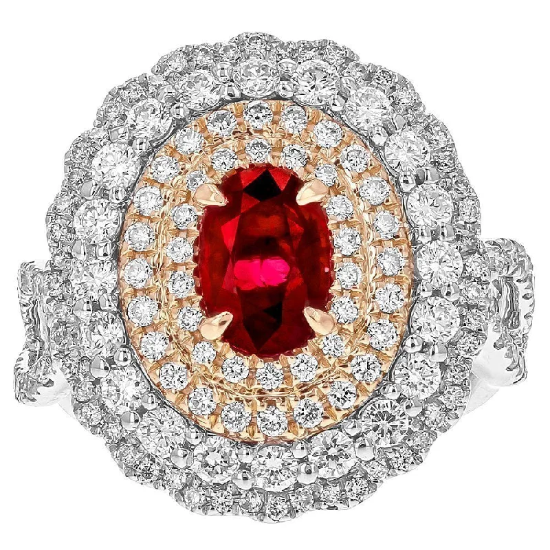 JULEVE 18KT TWO TONE OVAL RUBY & DIAMOND HALO RING