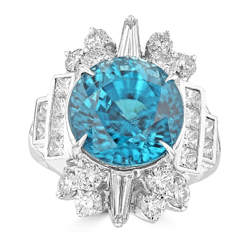 JULEVE 18KT WHITE GOLD 15.99 BLUE ZIRCON & 2.41 CTW DIAMOND RING