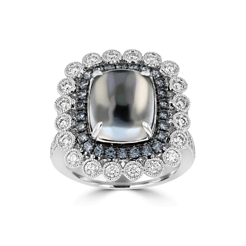 JULEVE 18KT WHITE GOLD MOONSTONE, GARNET, AND DIAMOND HALO RING