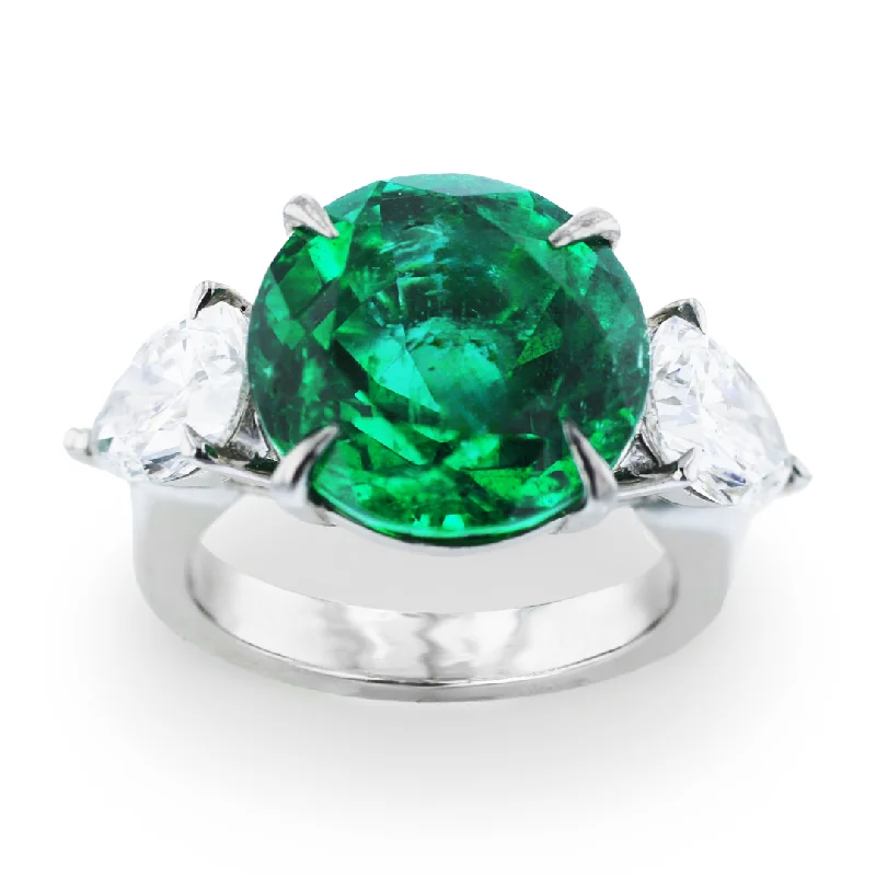 JULEVE PLATINUM 8.55 CT EMERALD & 2.42 CTW DIAMOND 3 STONE RING