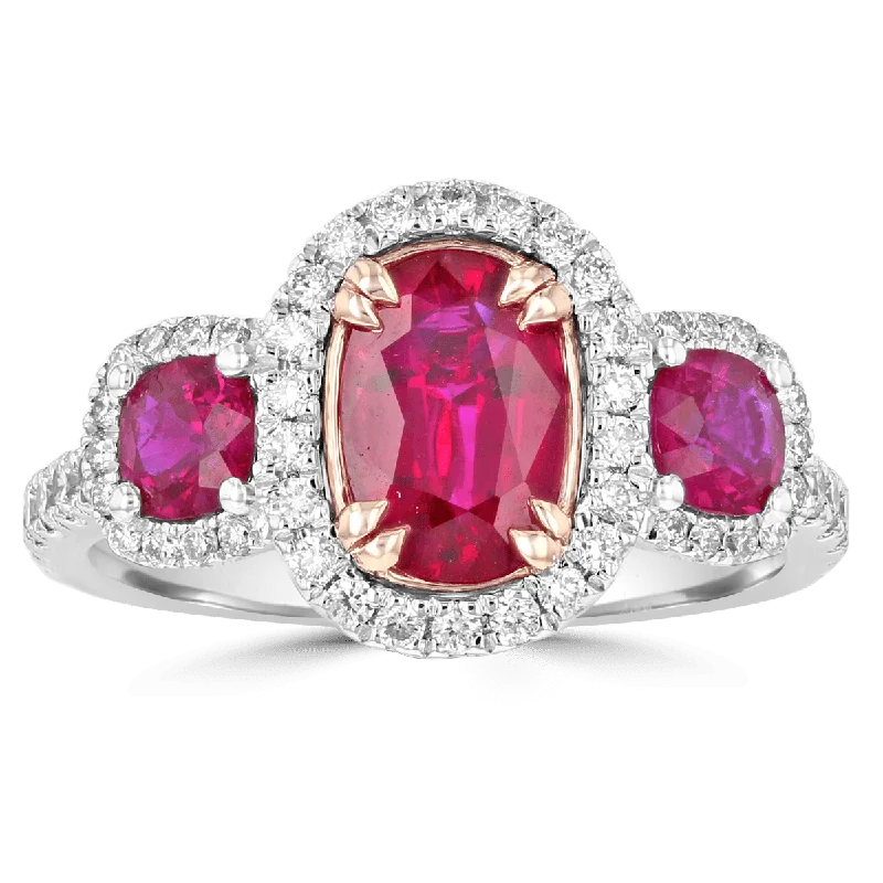 JULEVE TWO-TONE 2.06 CTW RUBY & .51 CTW DIAMOND 3 STONE HALO RING