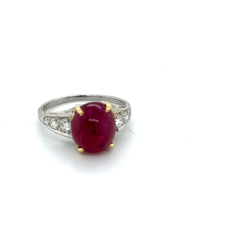 Low Profile Oval Cabochon Burmese Ruby and Diamond Stacking Ring