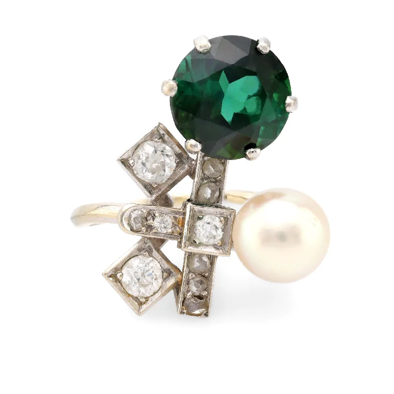 Mid Century French 4.60 carat green tourmaline pearl diamond 18k gold ring